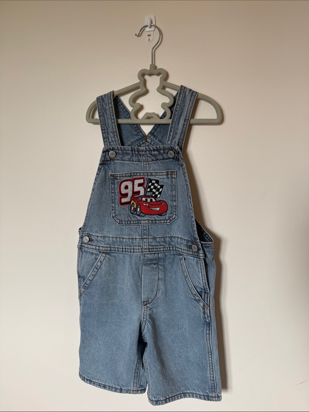 GAP Light Blue Denim Short Overalls with Race Car Patch